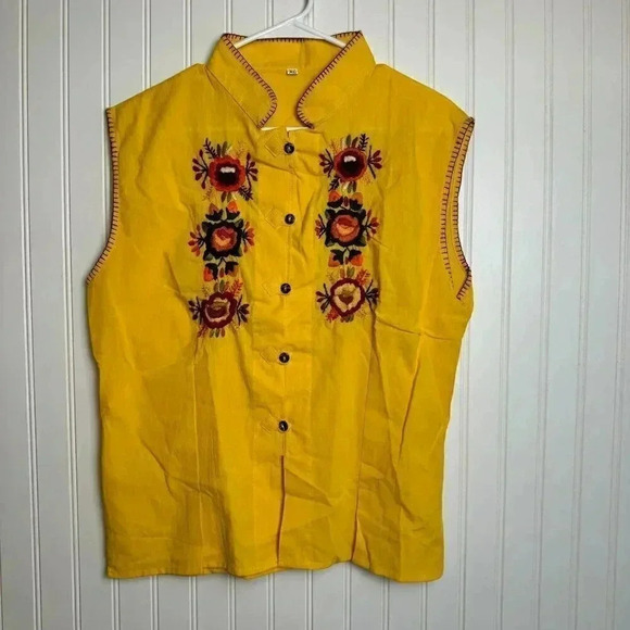 Yellow floral embroidered sleeveless top mandarin collar size XL F43 - Picture 1 of 6
